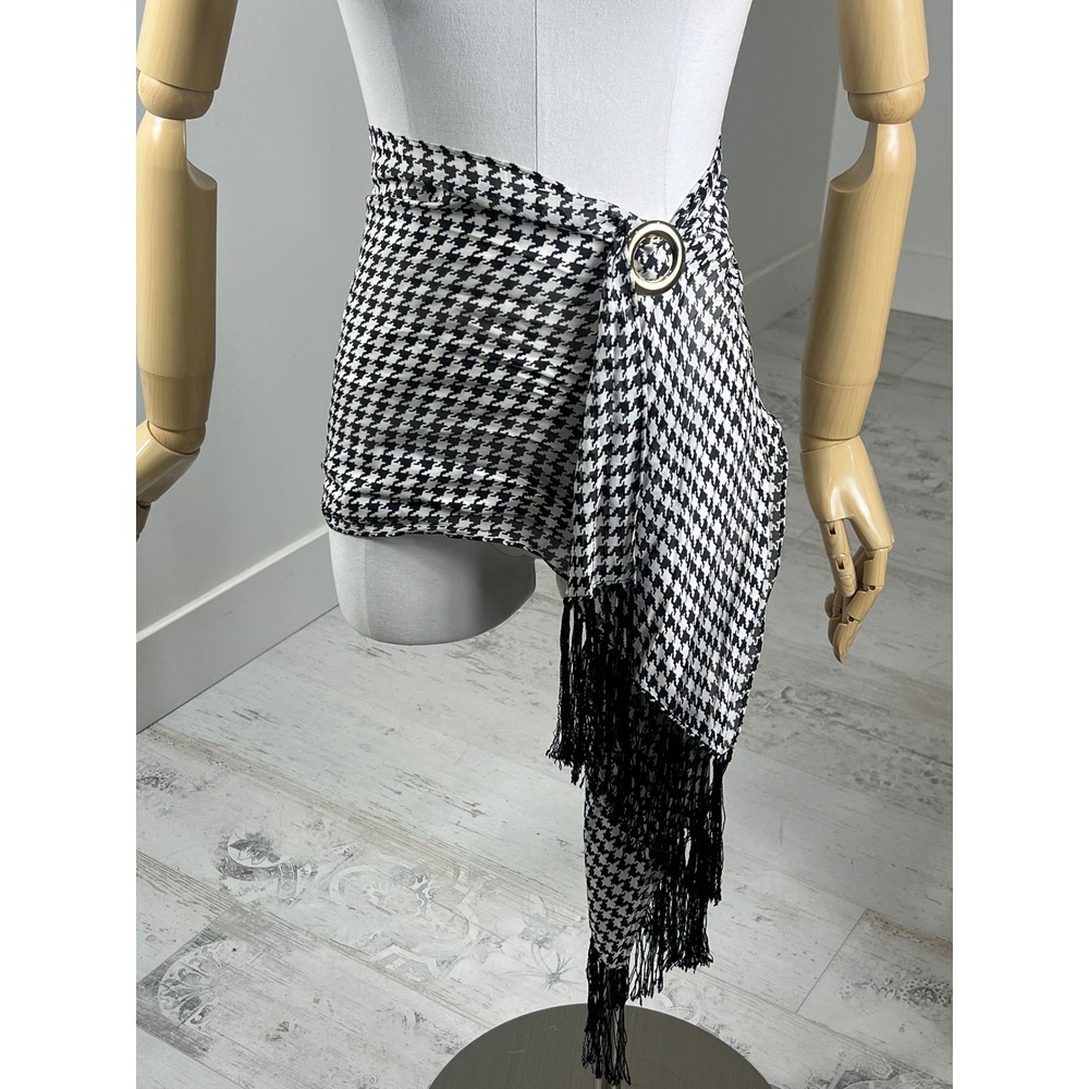 Silk Houndstooth Fringe Scarf 64" x 12.5" - Picture 4 of 6